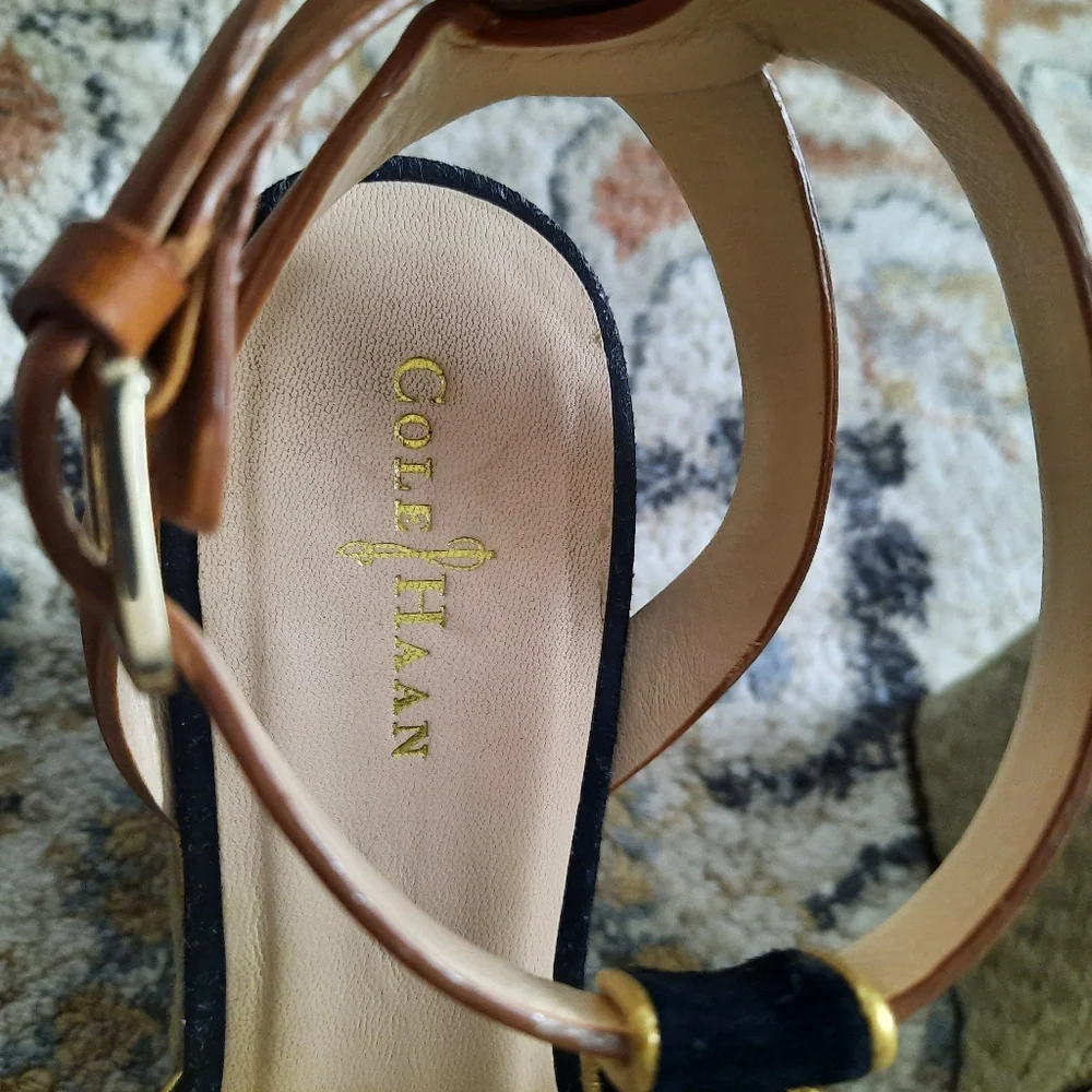 Cole Haan Navy and Tan Espadrille Wedge Sandals